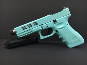 An example of Live Free Armory's custom Glock-22 conversion to 9mm in Robbins Egg Blue Cerakote